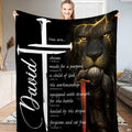 Bedding displaying a dark lion with gold glowing veins, an armored knight with fiery sword, and white cross.