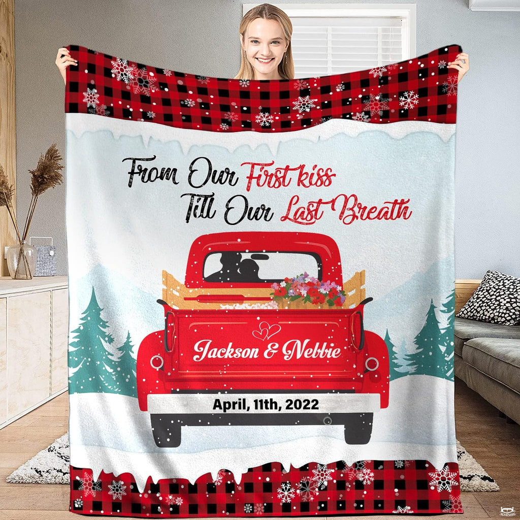 Vintage red truck winter plaid throw blanket featuring an antique red pickup in snow with buffalo plaid borders