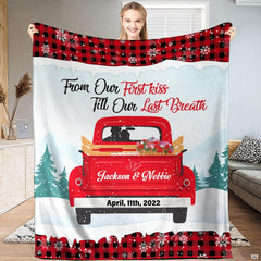 Vintage red truck winter plaid throw blanket featuring an antique red pickup in snow with buffalo plaid borders