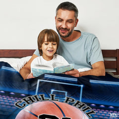 Personalized Basketball Held By Hand on Court Blanket with Name and Number