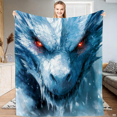 Ice dragon blanket displaying an intense close-up frost dragon portrait with glowing red eyes.
