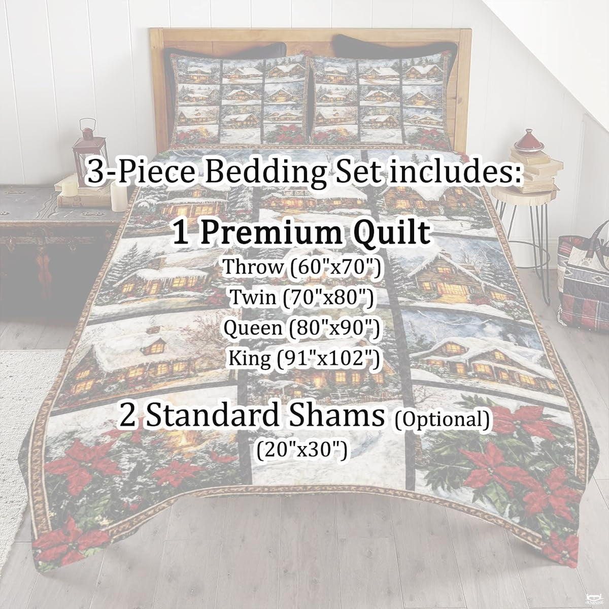 Full bedroom display of frost slate snowman bedding styled with festive seasonal winter room accents