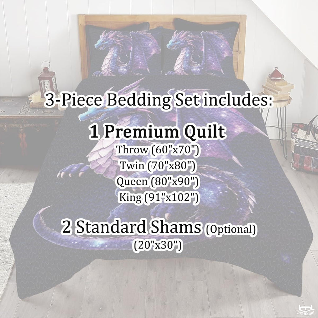 Fantasy Winged Dragon Comforter Set with Starry Nebula Pattern And Bedroom Setting