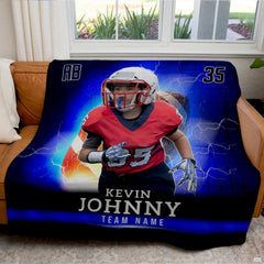 Youth football running back rushing through electric blue lightning bolts, view 7.