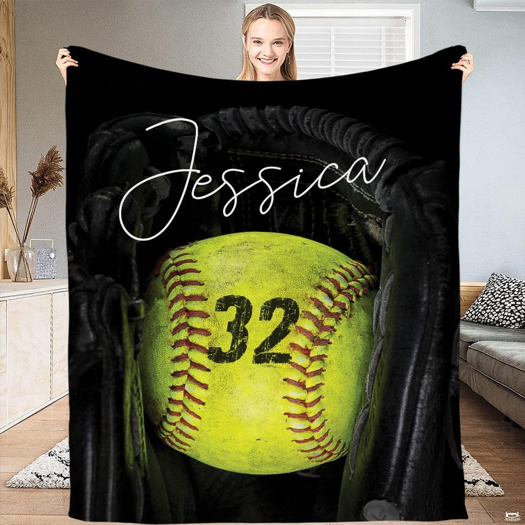 Angled view of softball glove artwork showcasing crisp seams and optic yellow ball accents.