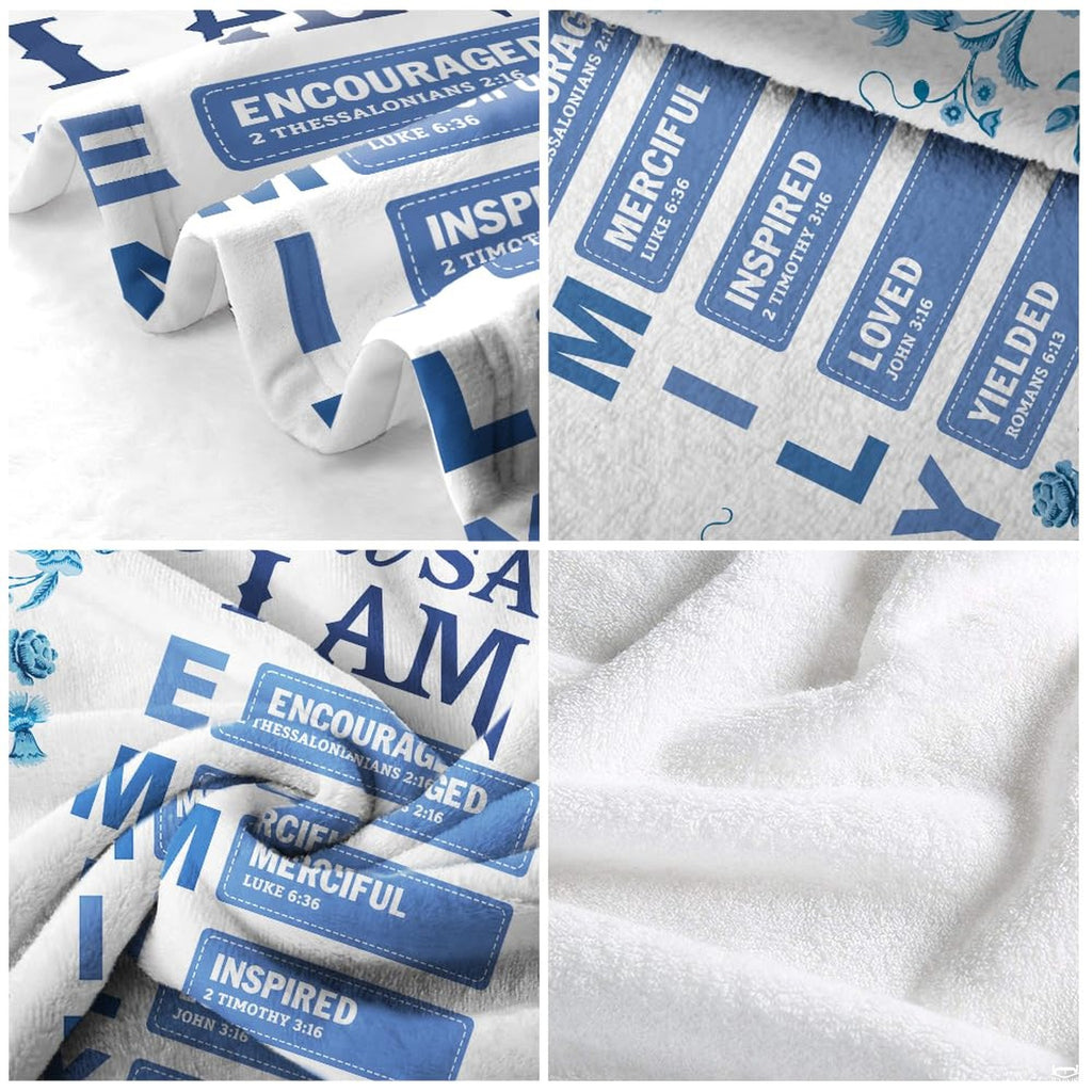 Overhead flat view of the porcelain blue faith affirmation throw blanket showing crisp typographic arrangement