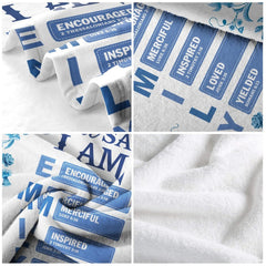 Overhead flat view of the porcelain blue faith affirmation throw blanket showing crisp typographic arrangement