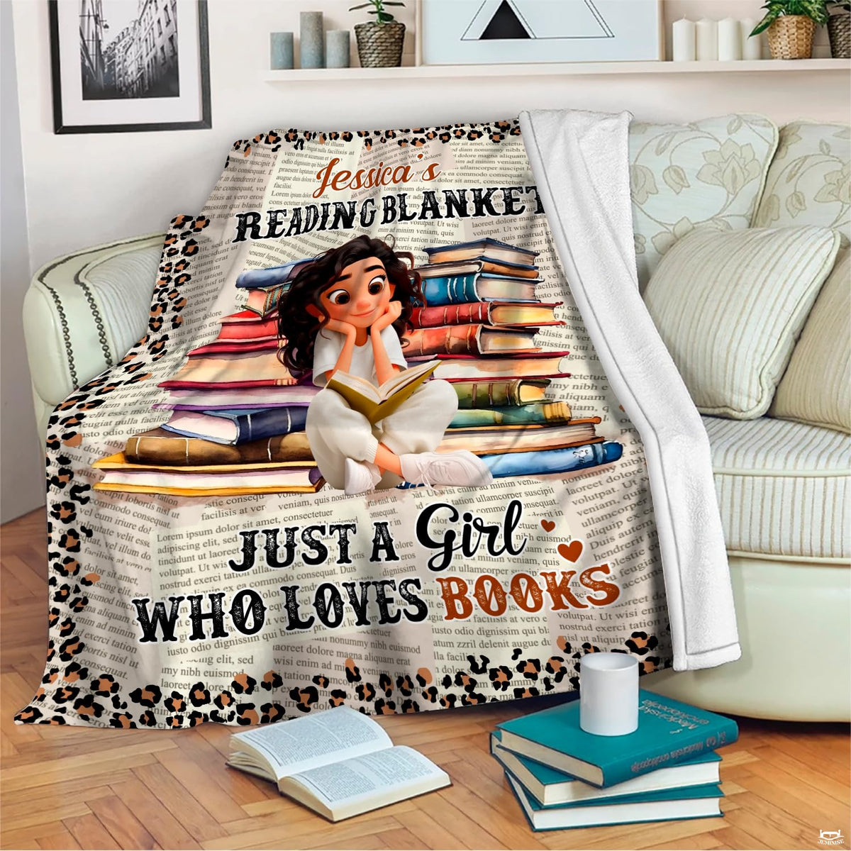 Close view of vibrant book towers, whimsical heart accents, and vintage newsprint graphics.