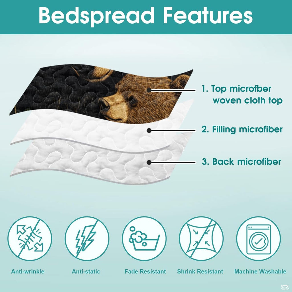 Side profile view of bear lodge bedding showcasing earthy botanical wild flowers and mother bear artwork.