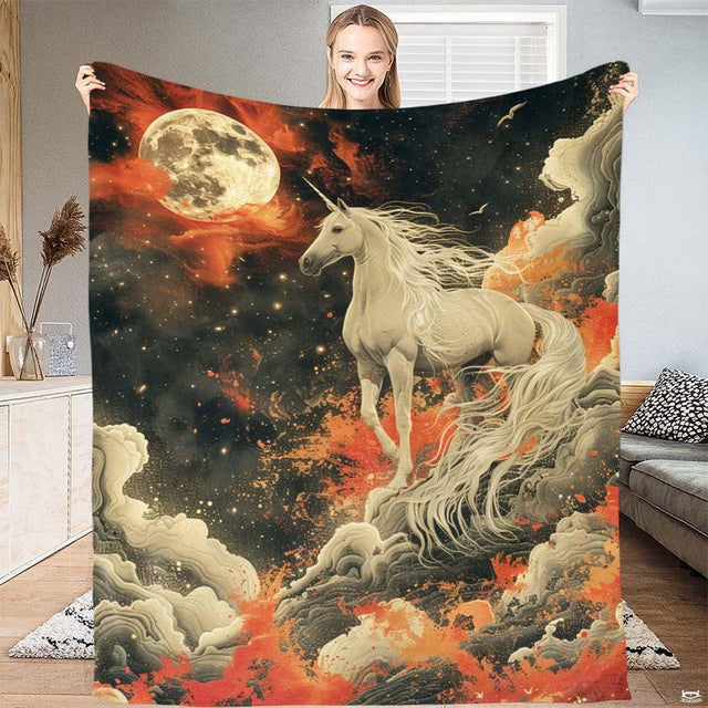 Celestial full moon unicorn throw blanket showing white unicorn on clouds under moon