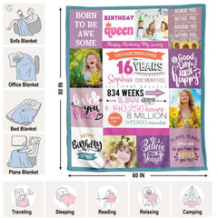Milestone sixteen years time calculations and inspirational messages on throw blanket