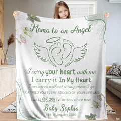 Winged footprints throw blanket featuring halo footprints, white roses, and eucalyptus leaves.
