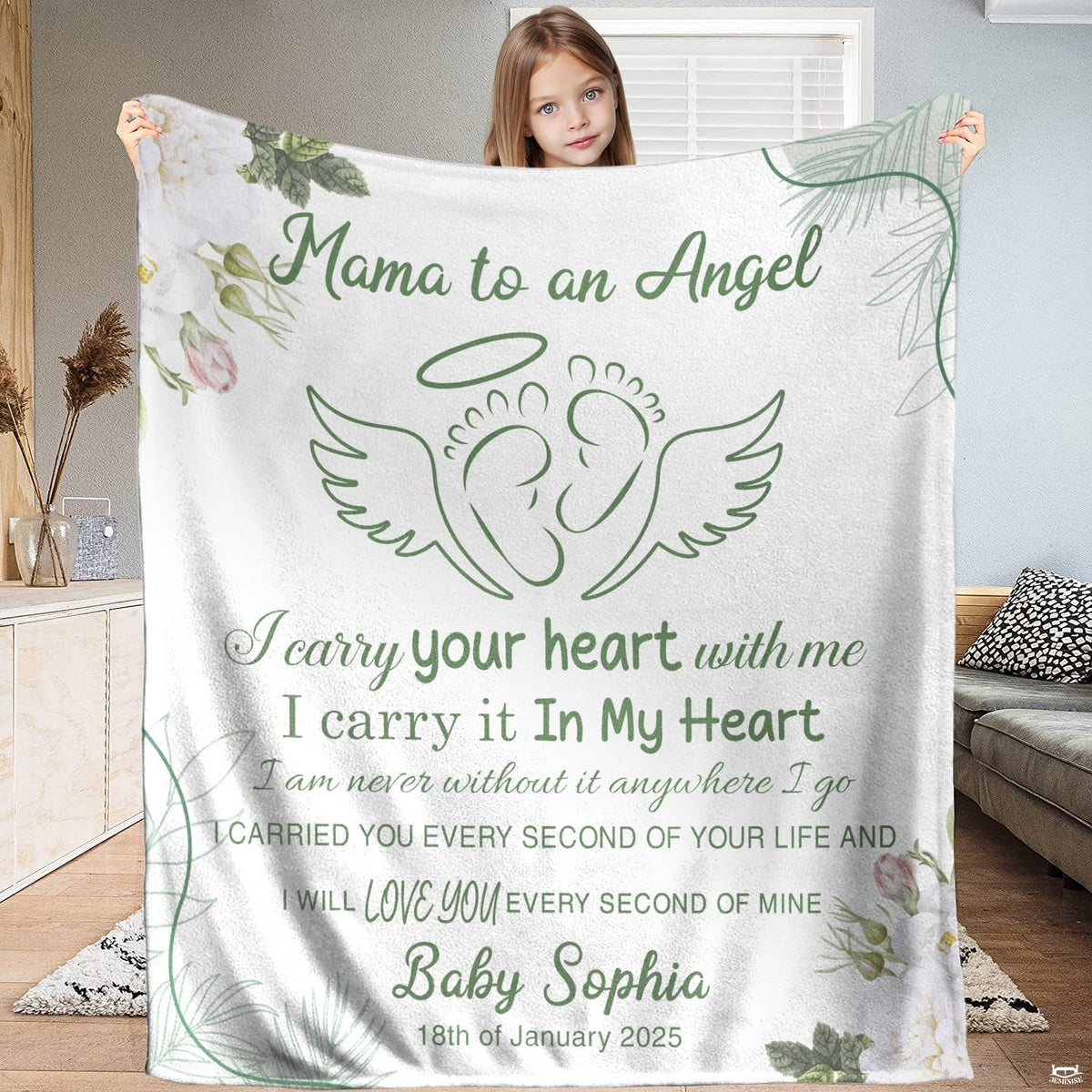 Winged footprints throw blanket featuring halo footprints, white roses, and eucalyptus leaves.