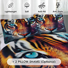Close view of tiger portrait pillow art and colorful bed design