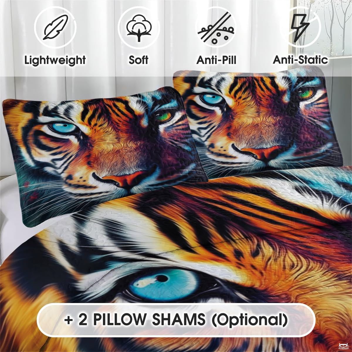 Close view of tiger portrait pillow art and colorful bed design