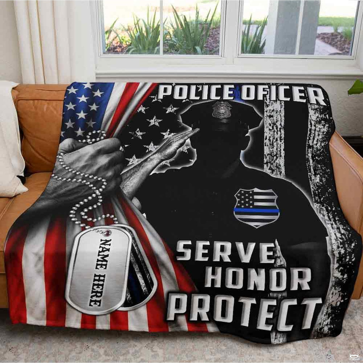 Patriotic thematic accent officer salute visual displayed across stylish bedroom bedding.