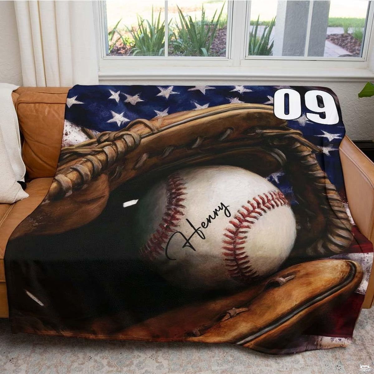 Patriotic baseball glove flag throw blanket view 5 highlighting fielding glove artwork and sports room styling