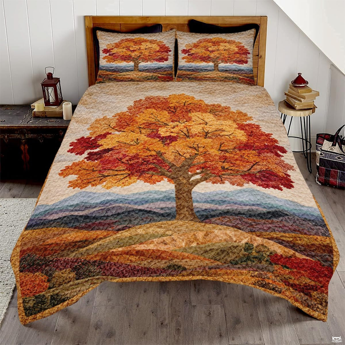 Vintage autumn maple leaf and pumpkin bedding set showcasing rustic fall foliage patchwork in rich burnt orange tones.