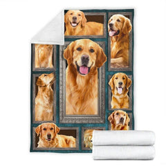 Heartwarming golden retriever dog print arranged nicely in a modern bedroom setting.