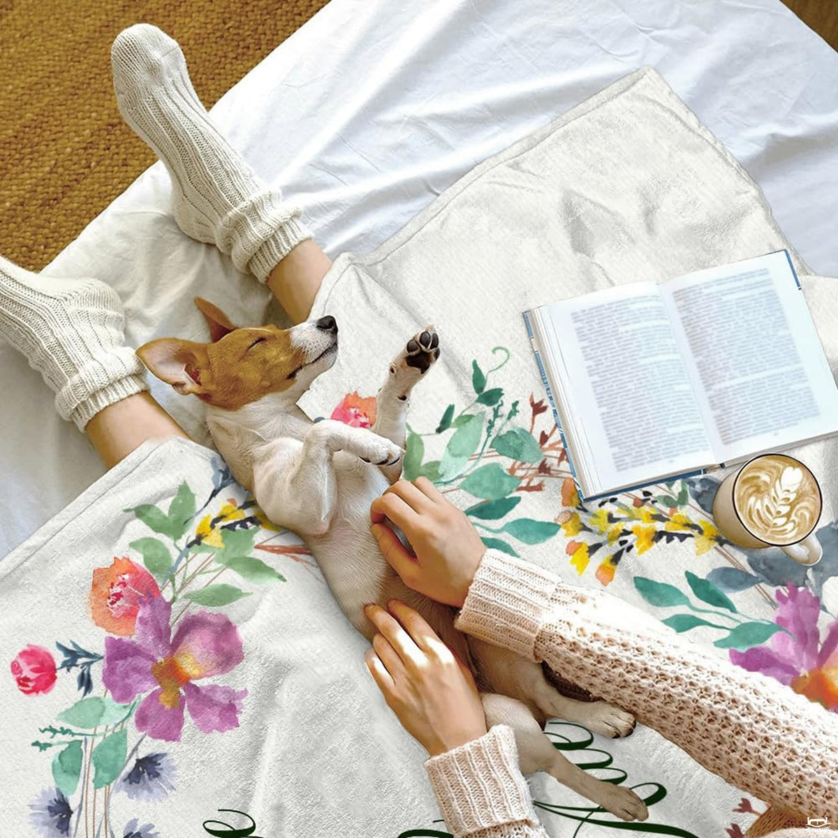Romantic bedroom aesthetic centered around a colorful watercolor botanical garland wedding gift bed set.