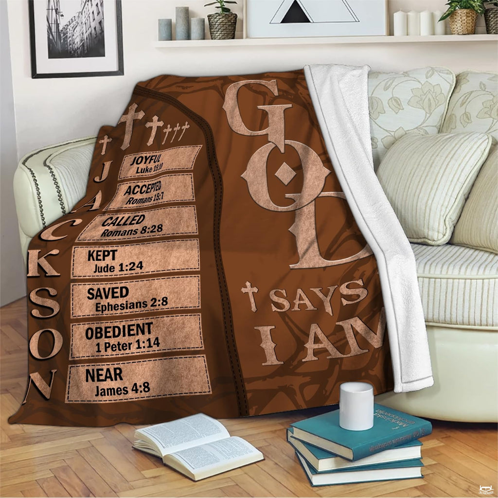 Living room sofa displaying the brown Christian faith scripture throw blanket.