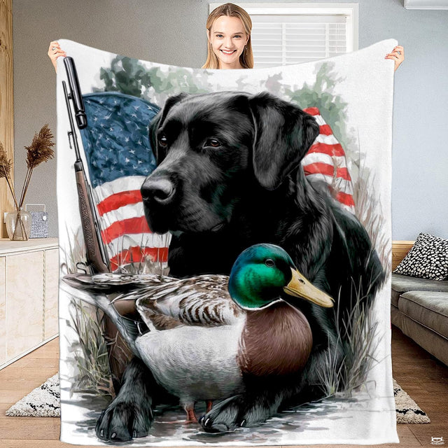 Black lab mallard duck hunting flag throw blanket displaying a black Labrador retriever, mallard duck, and US flag