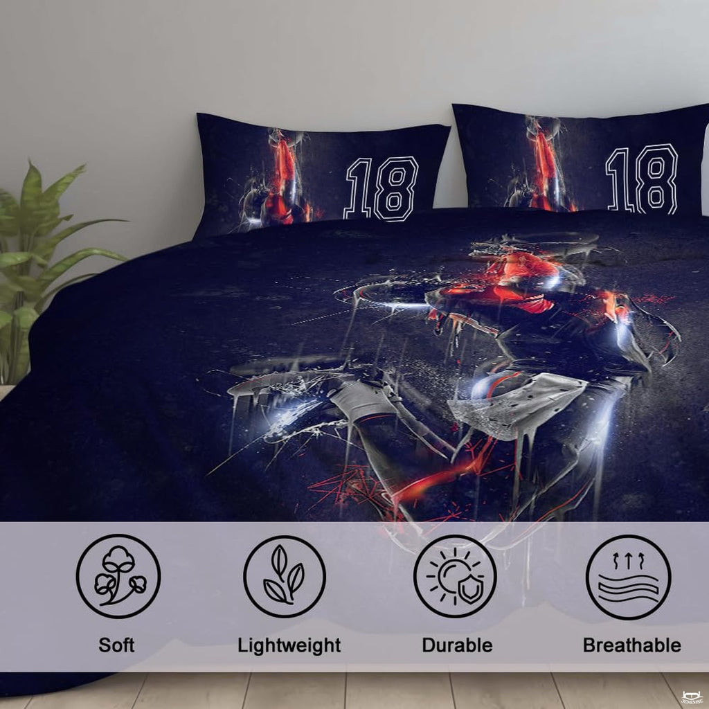 Overhead view of athletic bed sheets displaying dynamic leaping player artwork and crimson varsity motifs.