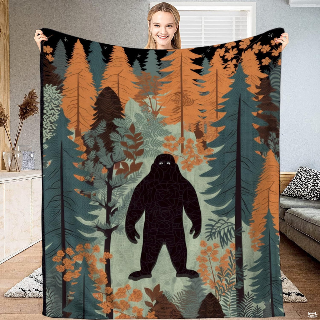 Forest woodland bedding artwork showing Bigfoot silhouette among pine trees and foliage in earthy green tones.
