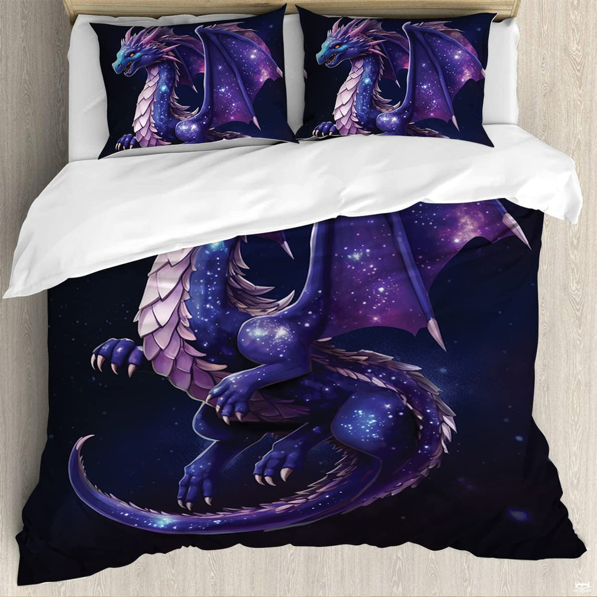 Majestic celestial serpent print pairing with master bedroom decor ideas with black furniture.