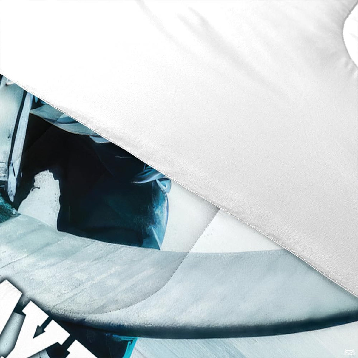 Folded presentation of ice hockey bedding displaying sharp graphic clarity in vibrant teal and navy tones