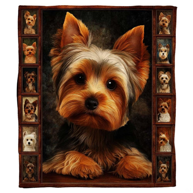 Close-up of the painted Yorkshire Terrier face displaying expressive eyes, perky ears, and paws on a blanket