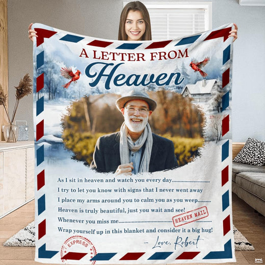Vintage airmail memorial throw blanket featuring diagonal border stripes, winter cabin, and cardinals