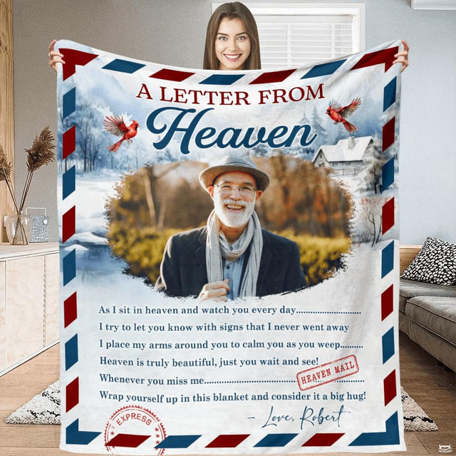 Vintage airmail memorial throw blanket featuring diagonal border stripes, winter cabin, and cardinals