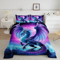 Amethyst purple dragon fantasy mythical bedding set displayed neatly on a bed in an adventurous bedroom