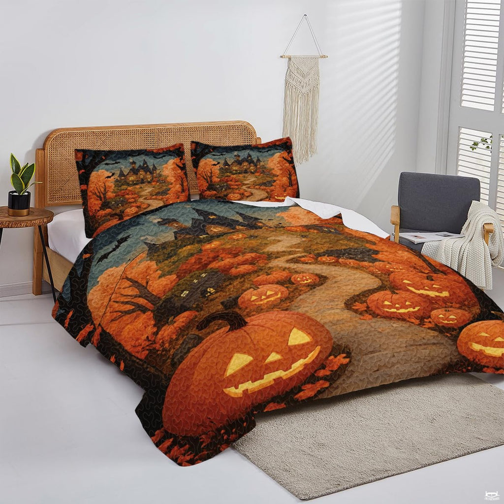 Overhead view of spooky haunted house bedding spread across a master bedroom wooden bed frame