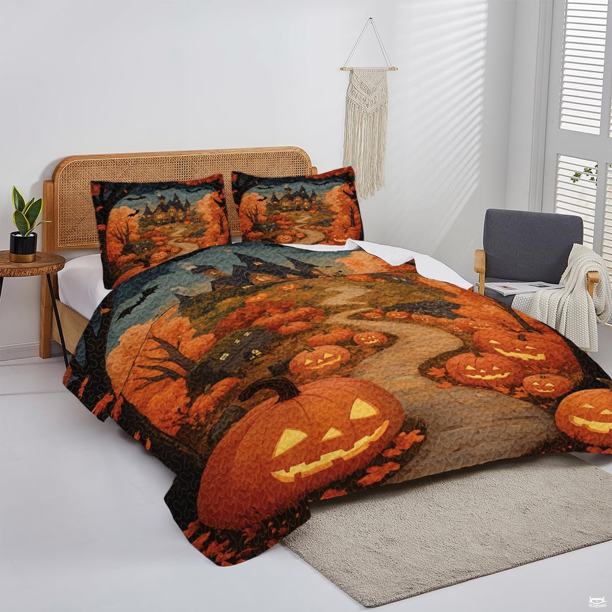 Overhead view of spooky haunted house bedding spread across a master bedroom wooden bed frame