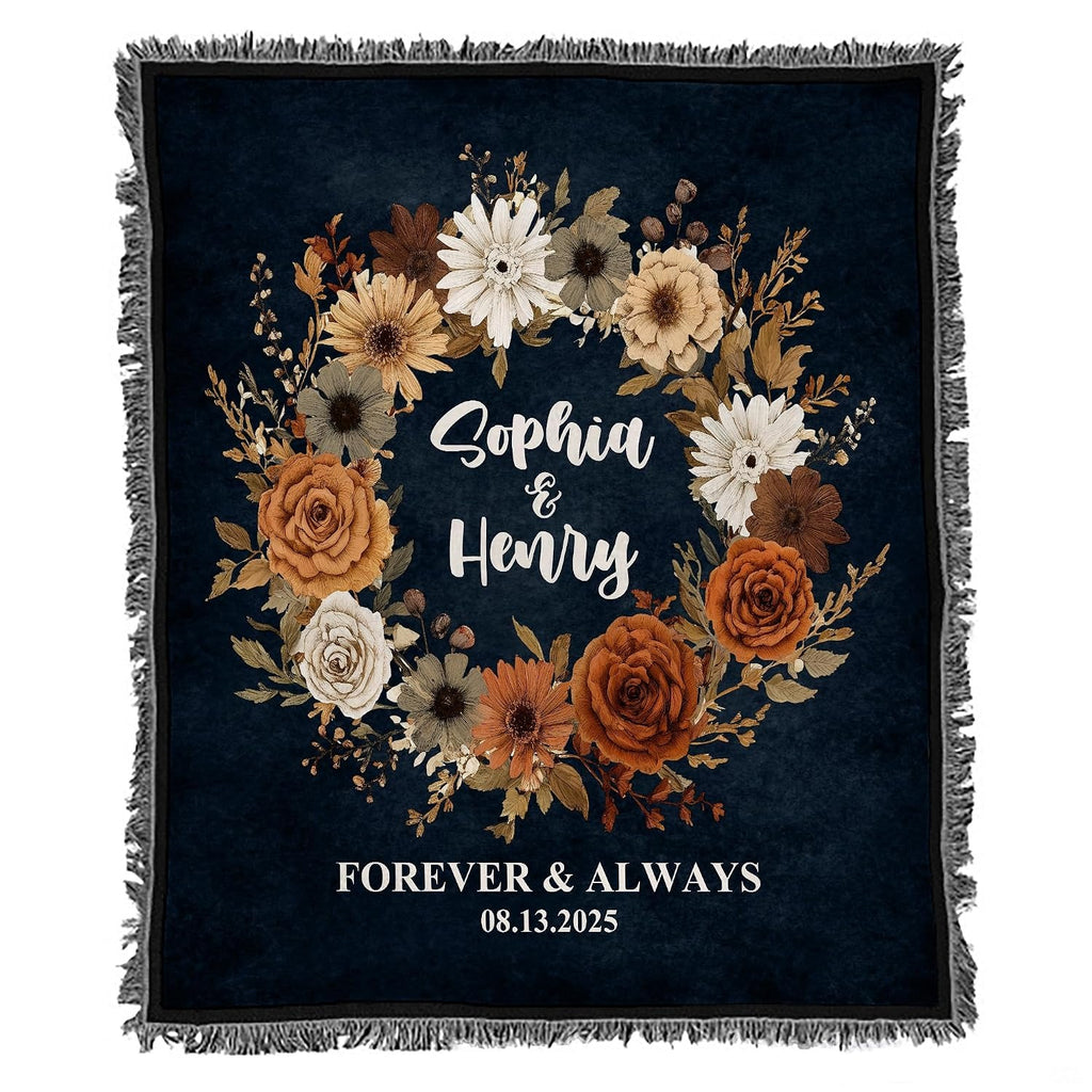 Close-up of textured woven background and colorful border fringe on a floral keepsake blanket