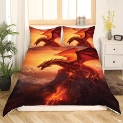 Red dragon bedding set showing a fierce fantasy dragon on a volcanic mountain peak.
