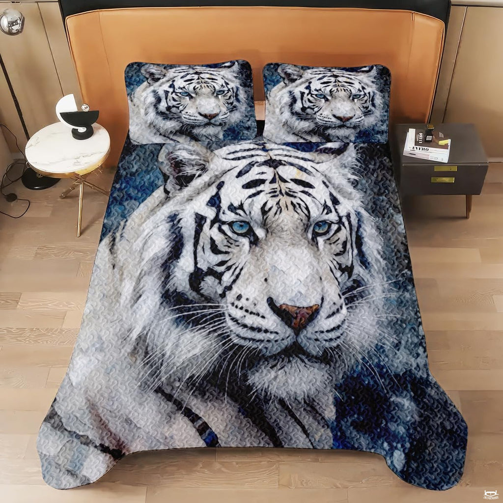 Top view of oversized white tiger face bedding with blue eyes