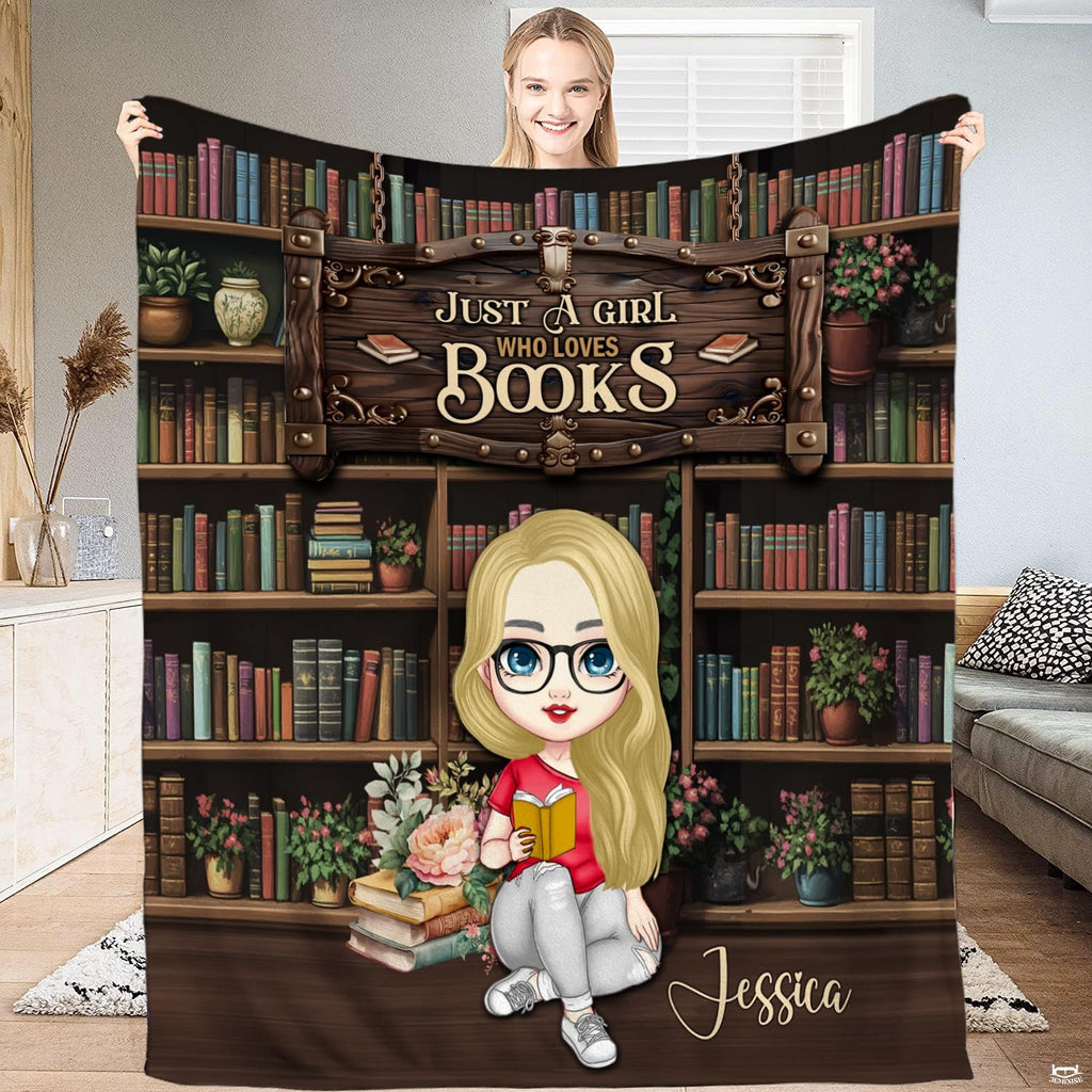 Bookworm girl wooden bookshelf throw blanket featuring a reader girl before a tall library bookcase