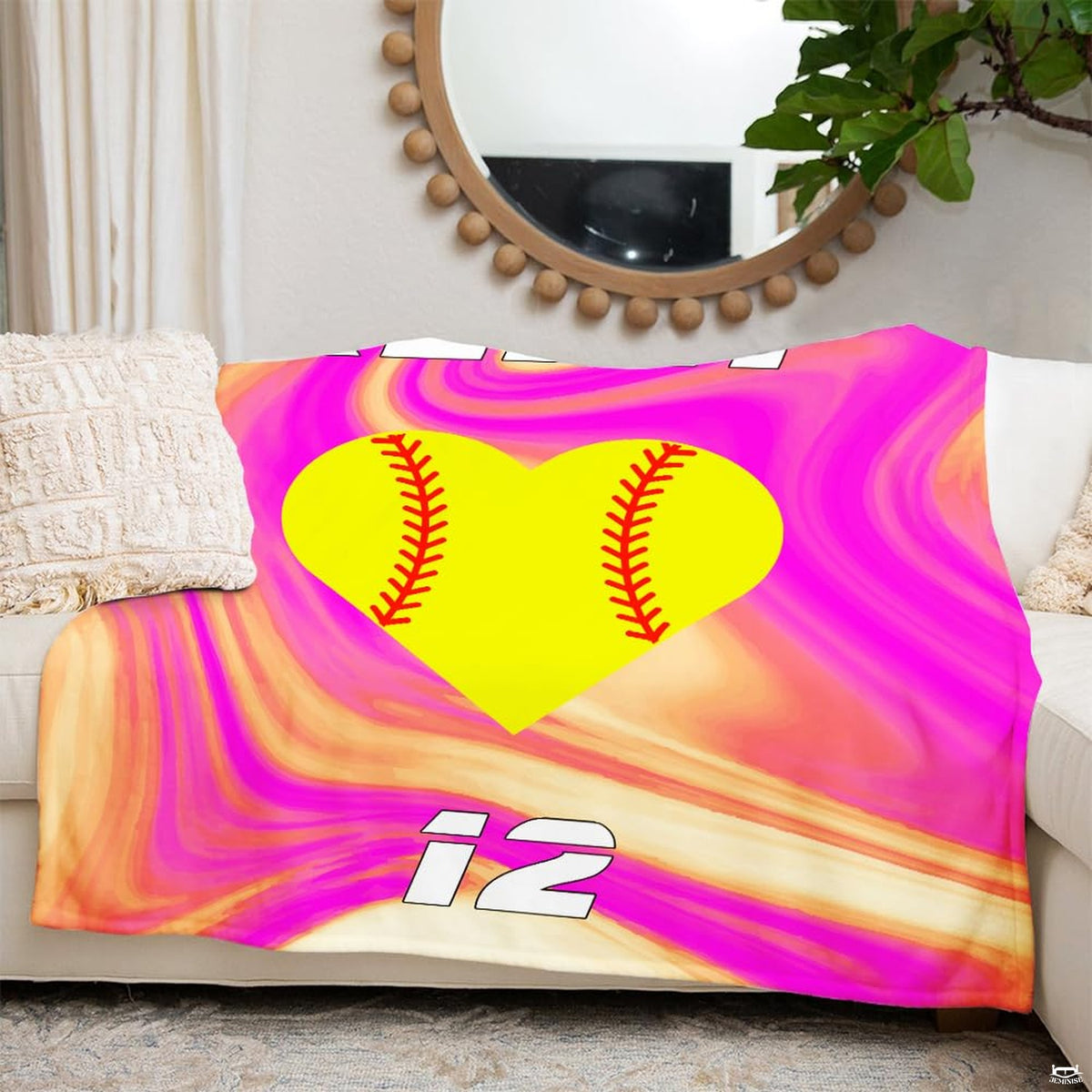 Alternative perspective of neon pink softball heart graphic blanket
