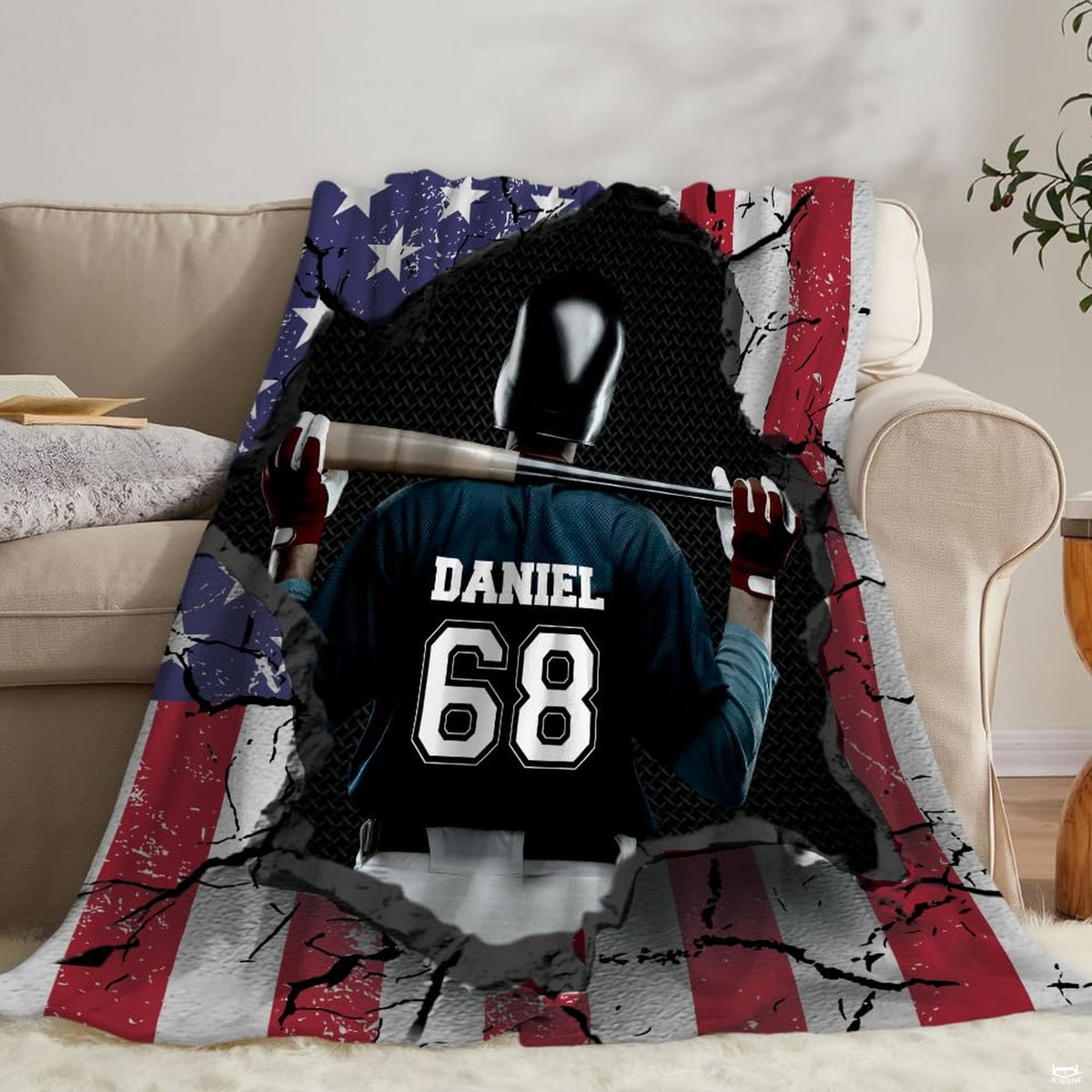 thematic accent room display highlighting athletic baseball motif on a striking patriotic bedding set.