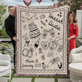 Couple holding wedding doodle stamp throw blanket featuring bridal line art drawings and multicolored fringe