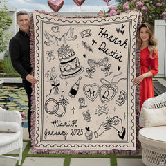Couple holding wedding doodle stamp throw blanket featuring bridal line art drawings and multicolored fringe