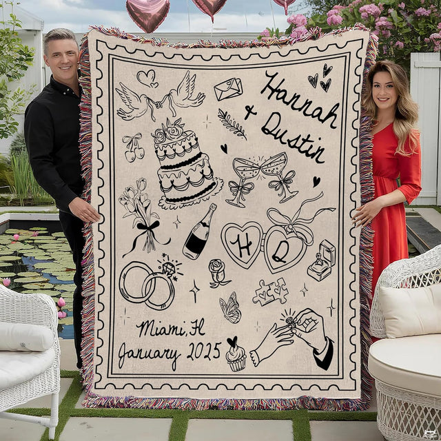 Couple holding wedding doodle stamp throw blanket featuring bridal line art drawings and multicolored fringe