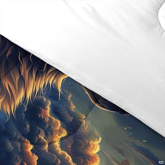 Detail of wolf muzzle, golden fur edges, glowing clouds, and white reverse