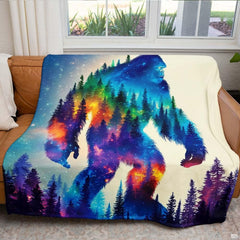 Cosmic Bigfoot throw blanket view 5 highlighting celestial galaxy art and pine forest silhouette detailing