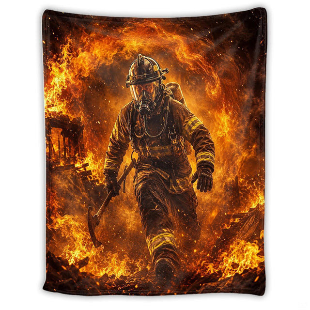Cinematic firefighter charging forward through swirling inferno flames on Blanket.