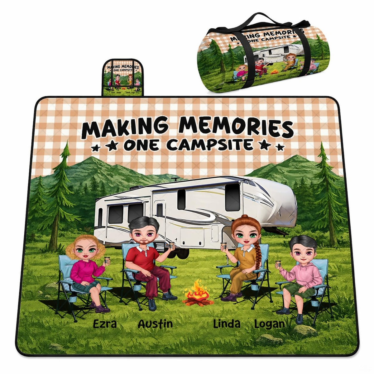 Family camping around a campfire in front of an RV with mountain background, view 1.