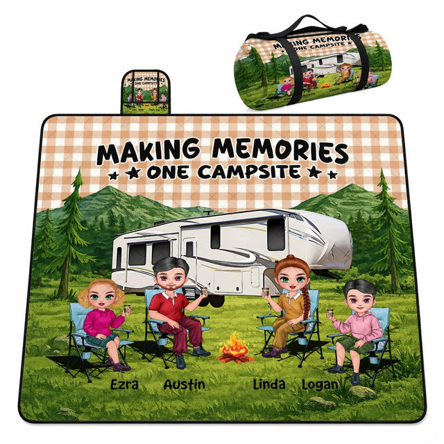 Family camping around a campfire in front of an RV with mountain background, view 1.